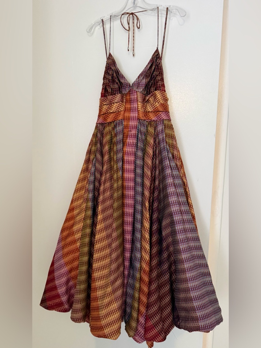 Zac Posen Thin Straps Ombre Plaid Gown in Red and Gold